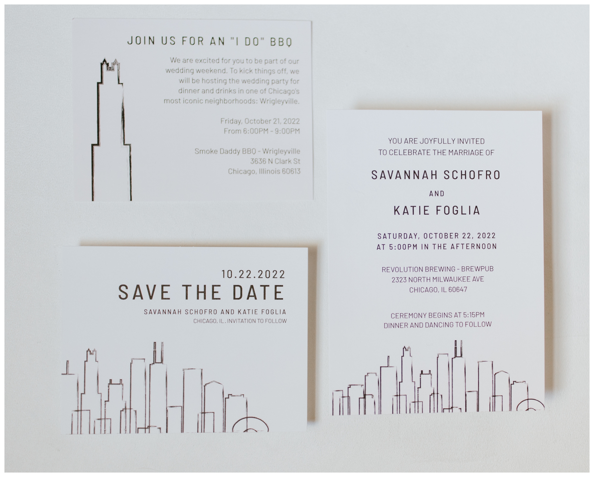 Simple wedding invitation design; skyline sketch