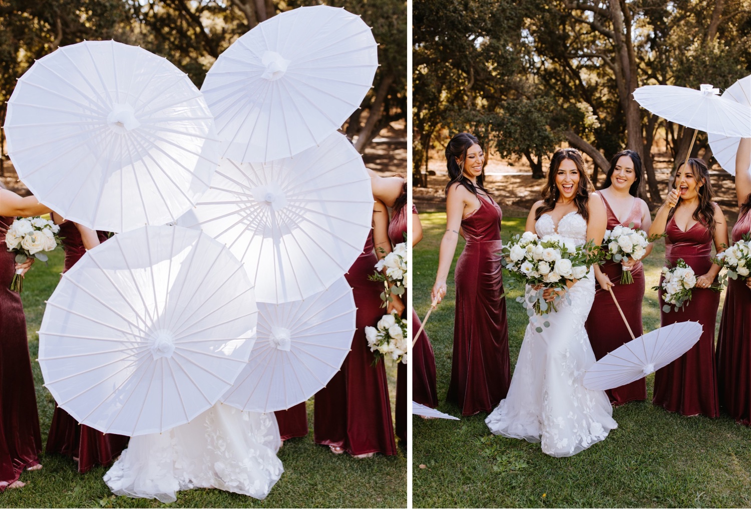 parasoles for bridesmaids; wedding party posing and portraits
