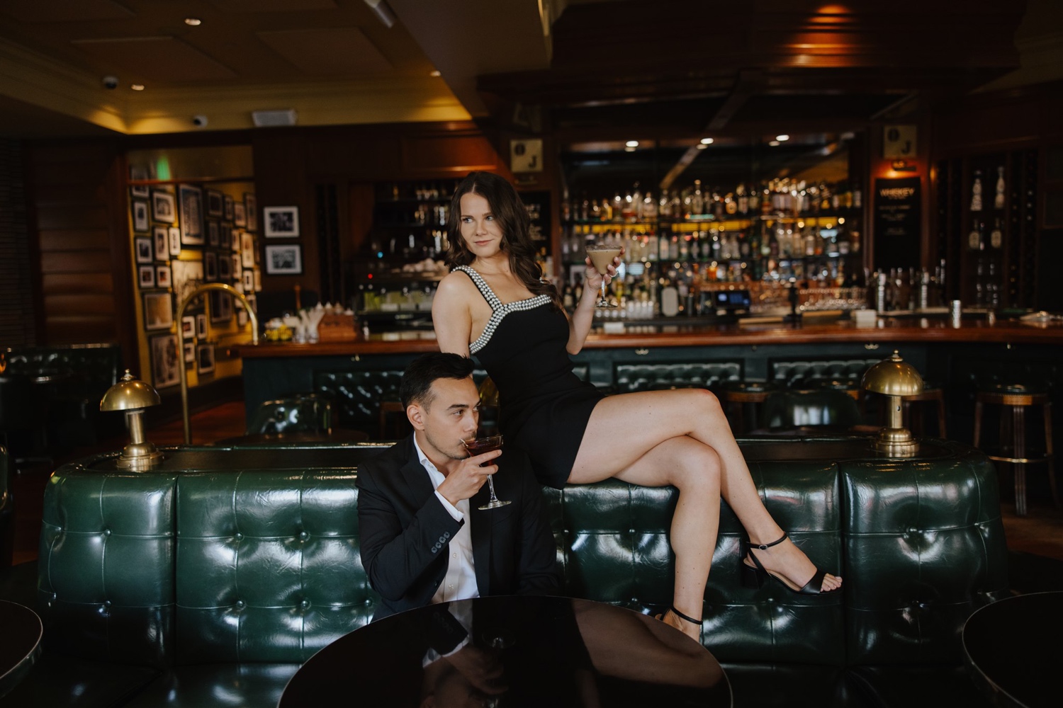 high fashion cocktail bar engagement session