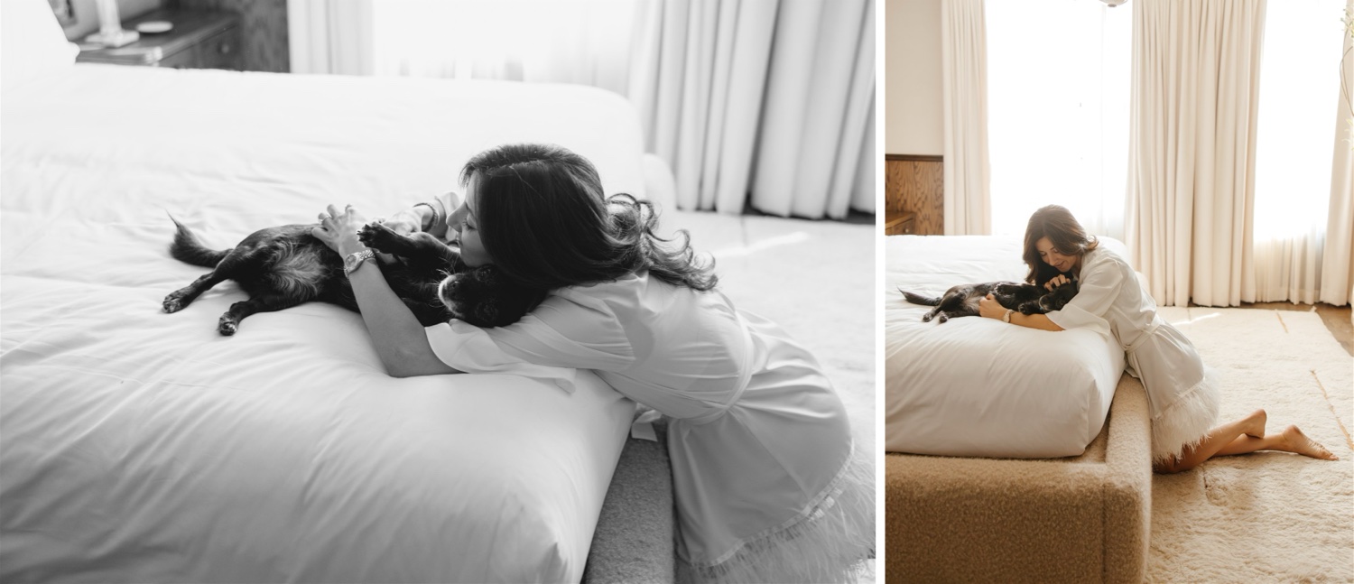 bride getting ready with dog on her wedding day