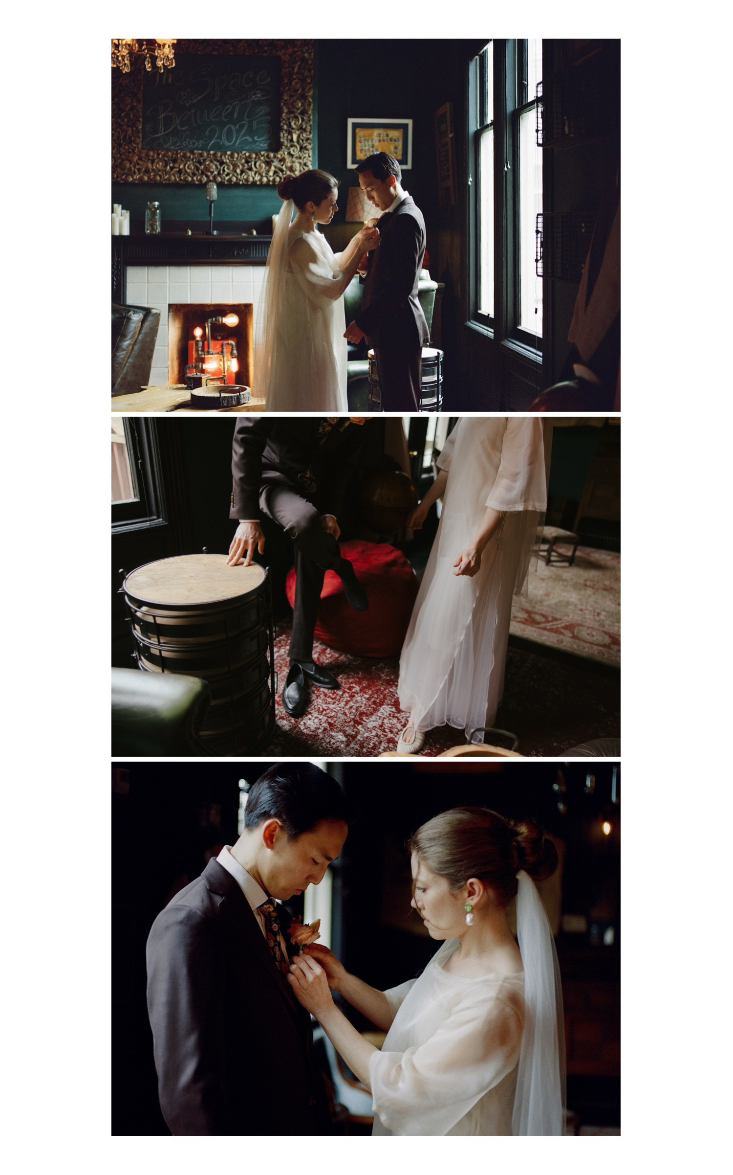 candid bride and groom portraits; bride helping groom get ready on wedding day