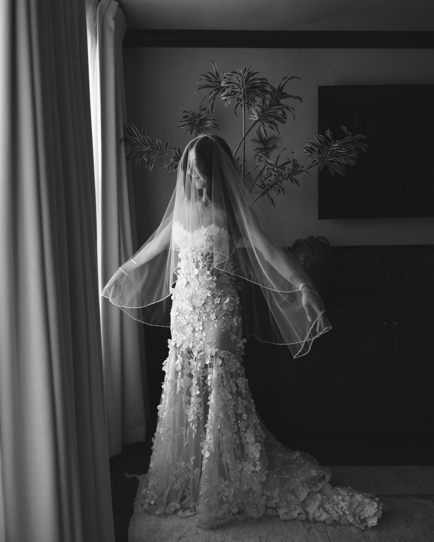 Galia Lahav wedding dress; black and white bridal portraits