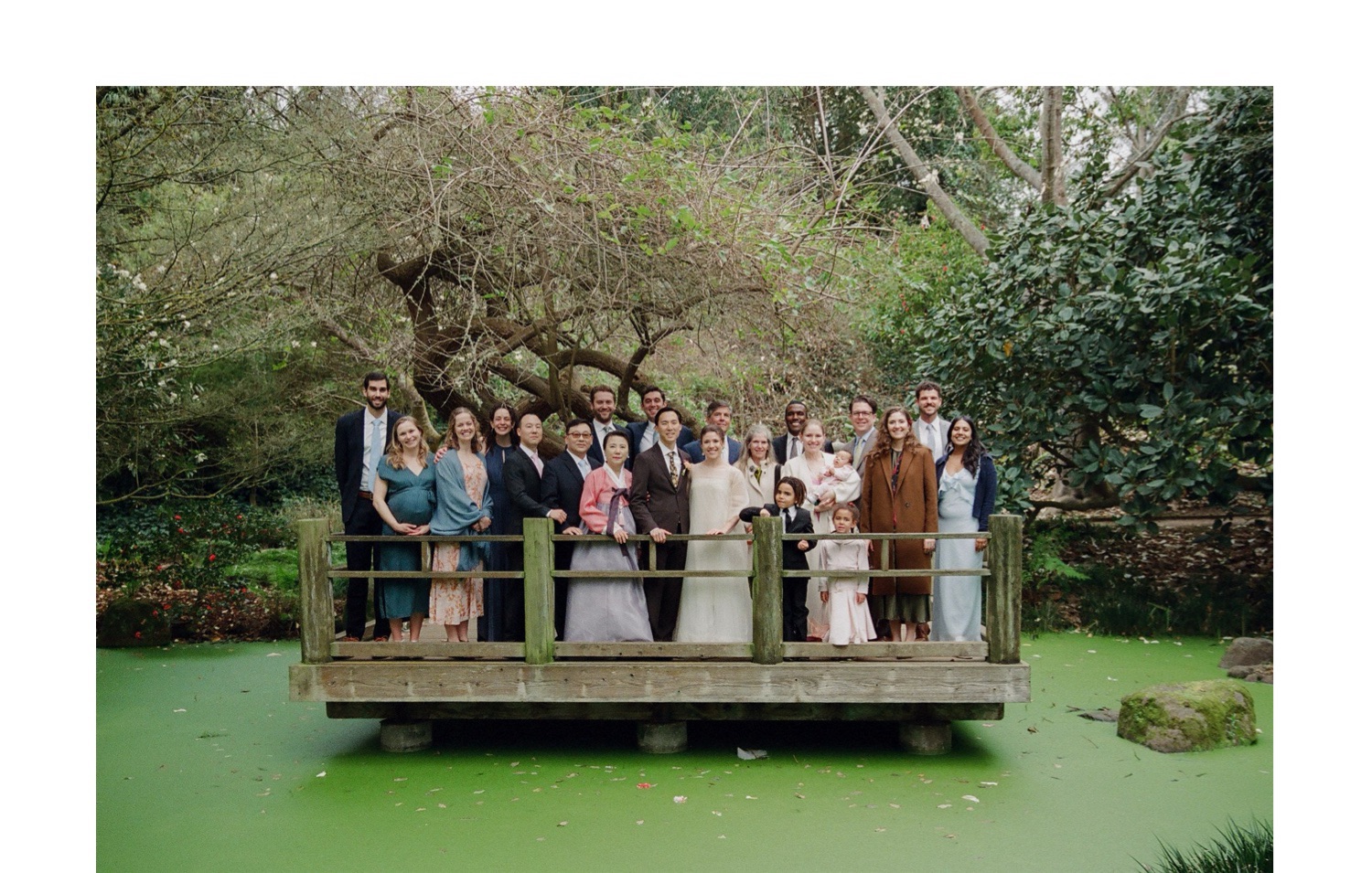 group photo of wedding party on the dock with a pond