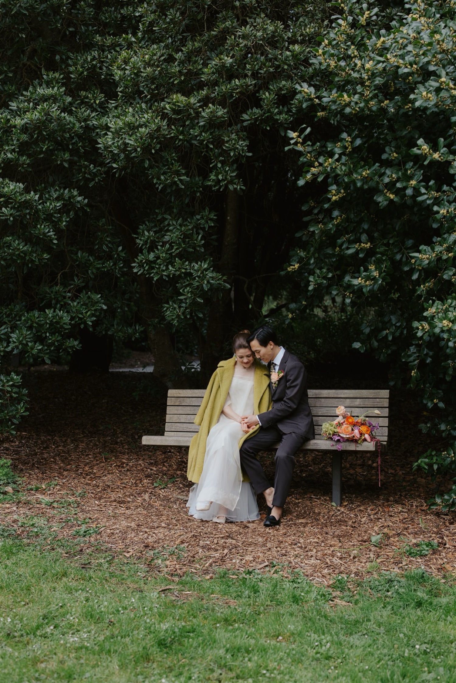 park bench wedding photos