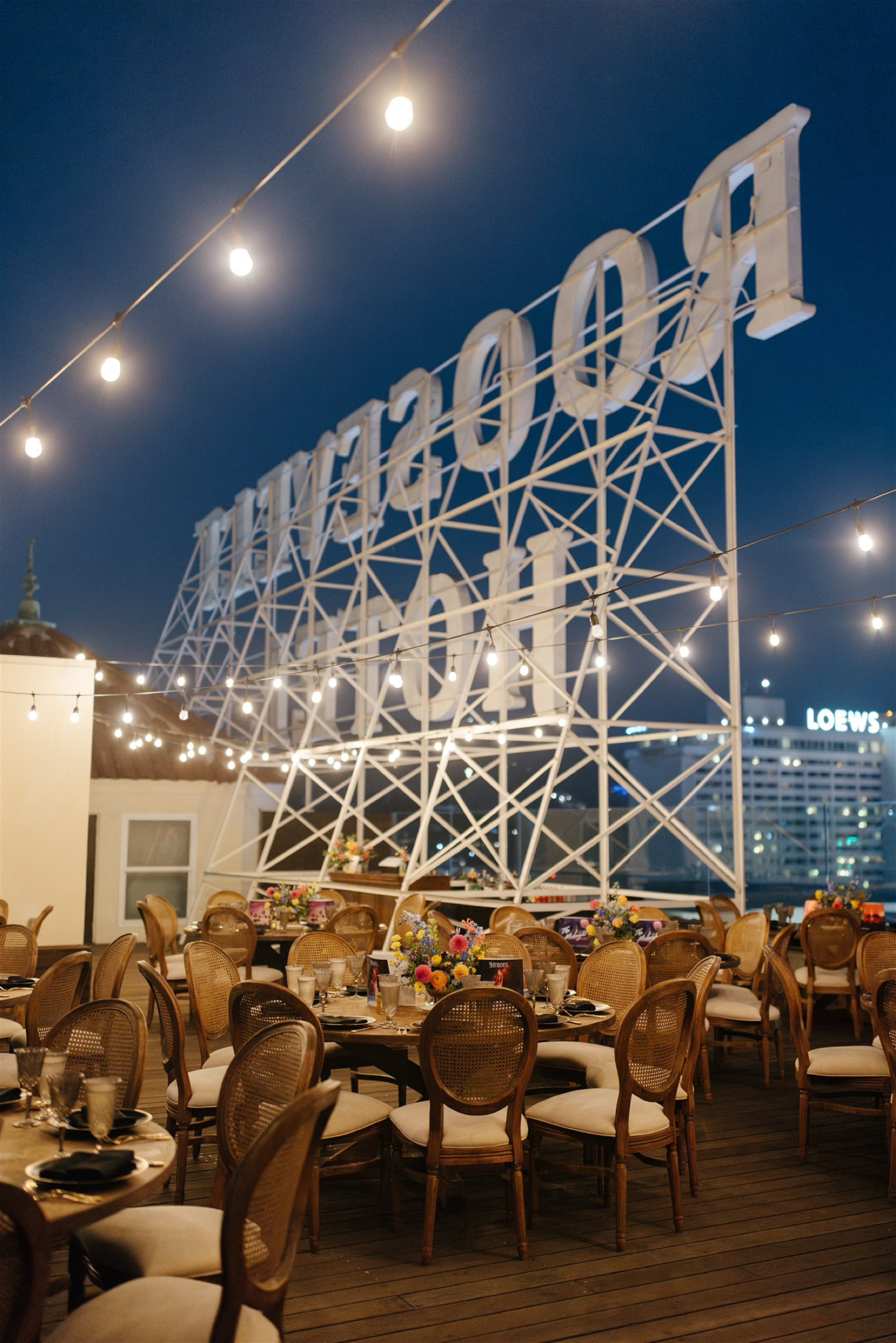 The Hollywood Roosevelt Hotel sign at night