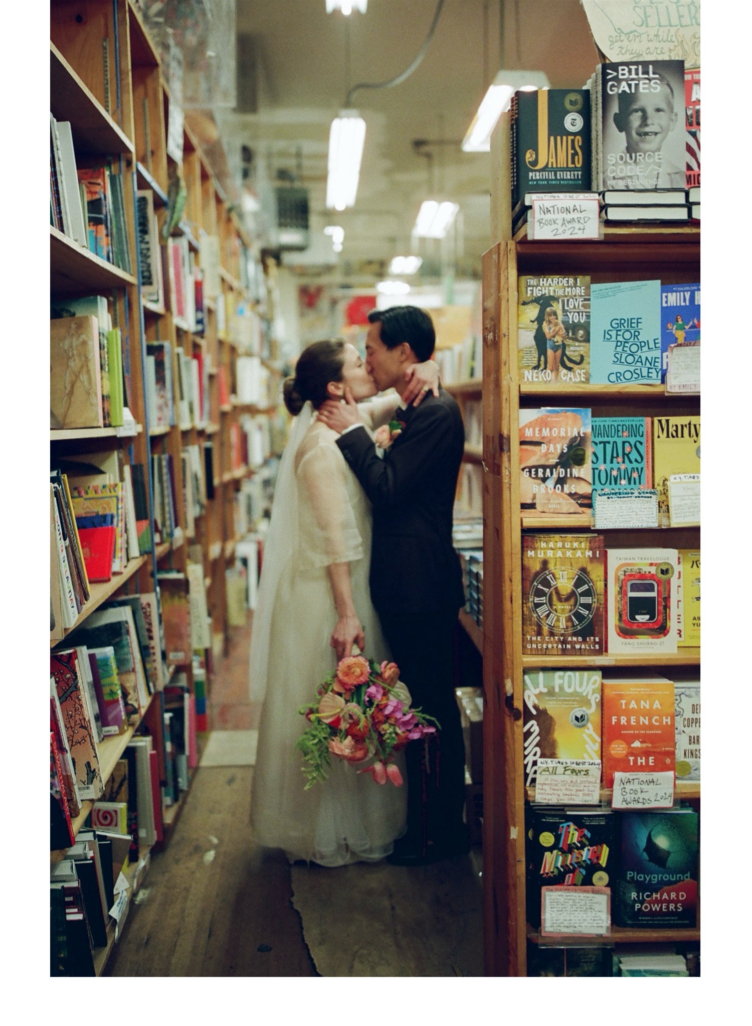 creative couples portraits and elopement photos a San Francisco Book Store